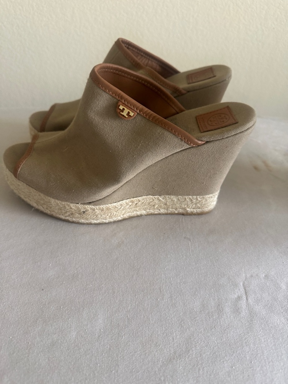 Tory Burch Khaki Canvas Espadrille Wedge Mules with Leather Trim